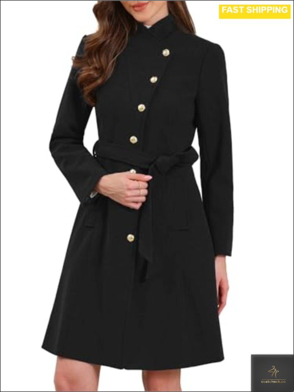 Allegra K Womens Pea Coat Long Belted Stand Collar Trench Coat Winter